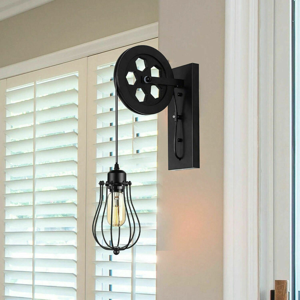 Pulley Wheel Wall Light with Cage – Black, Copper or Silver, E27 - photo 5