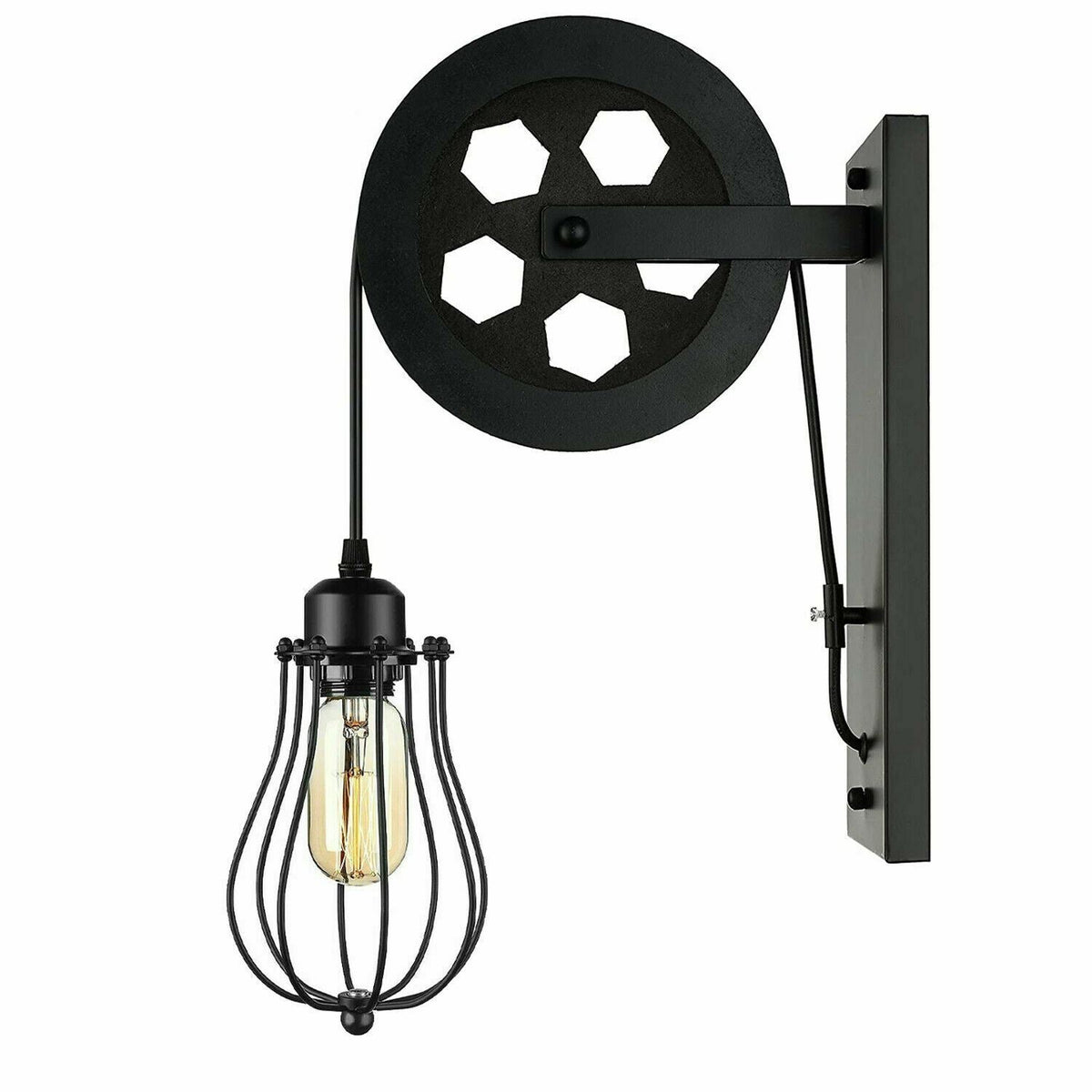 Pulley Wheel Wall Light with Cage – Black, Copper or Silver, E27 - Black, Nest Cage, Without Bulb