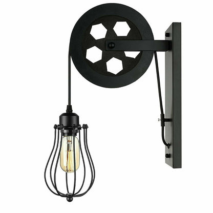 Pulley Wheel Wall Light with Cage – Black, Copper or Silver, E27 - Black, Nest Cage, Without Bulb