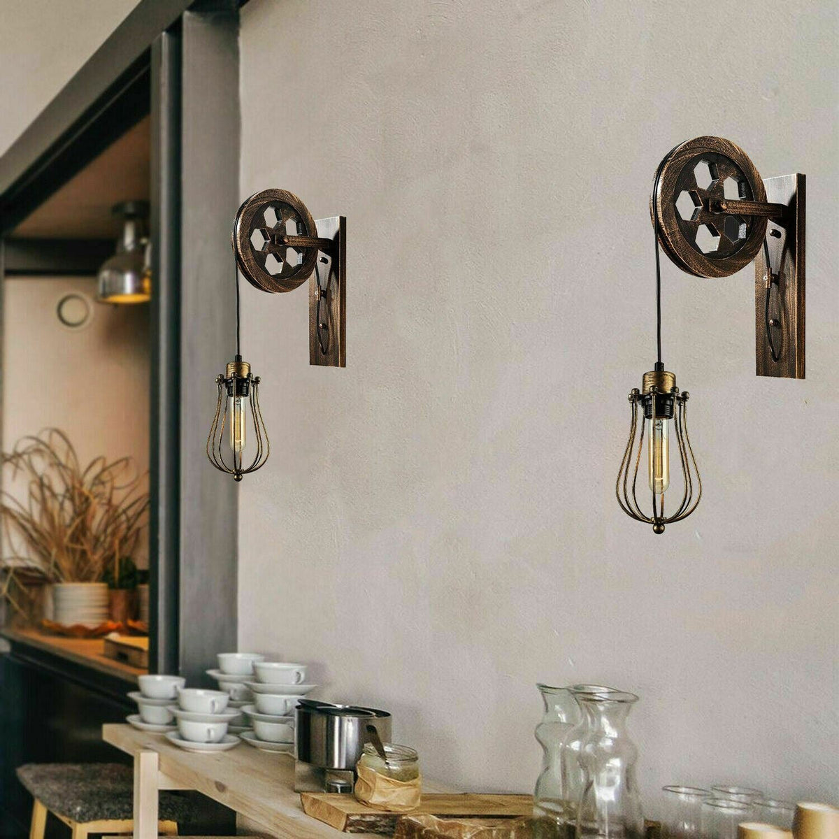 Pulley Wheel Wall Light with Cage – Black, Copper or Silver, E27 - photo 8