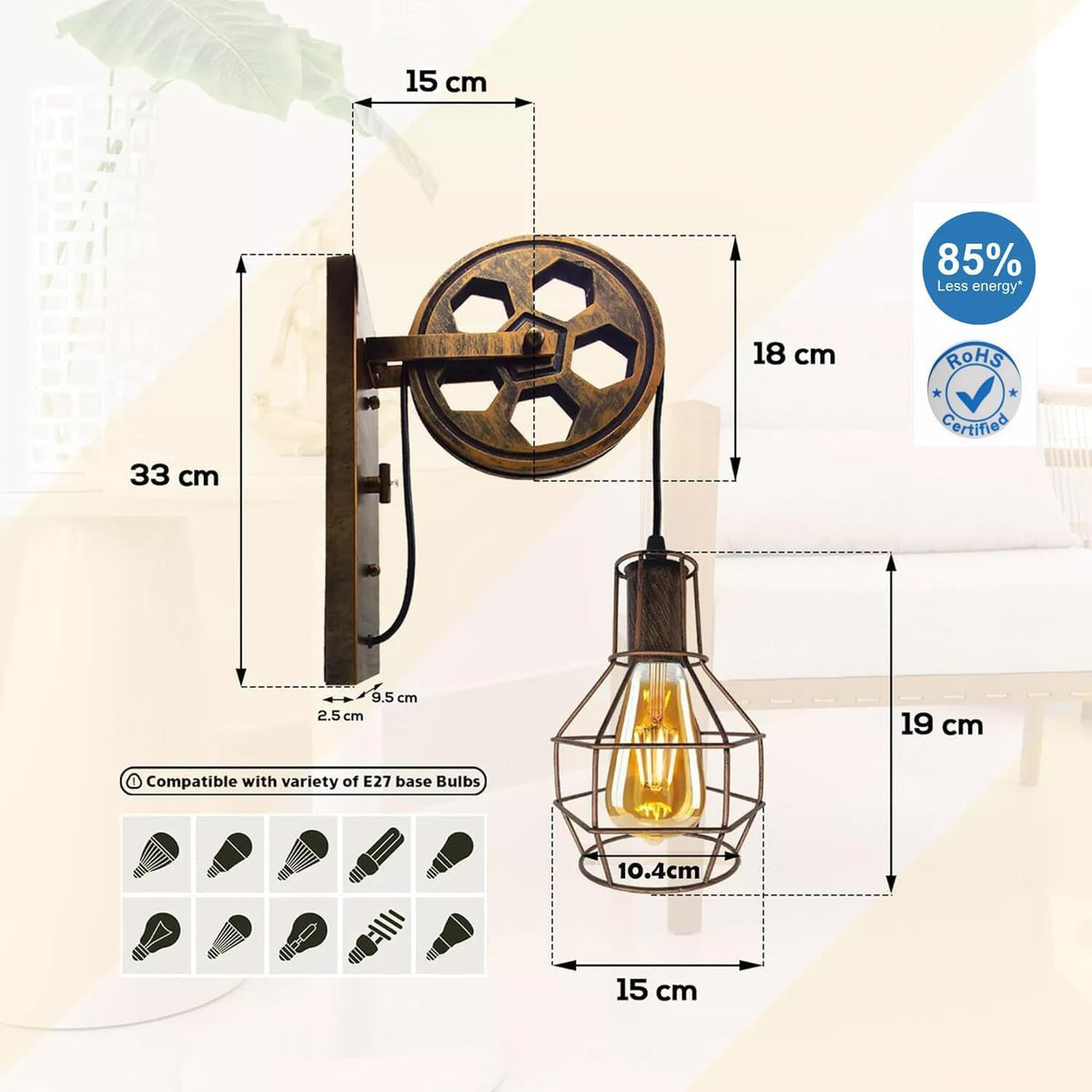 Pulley Wheel Wall Light with Cage – Black, Copper or Silver, E27 - photo 9