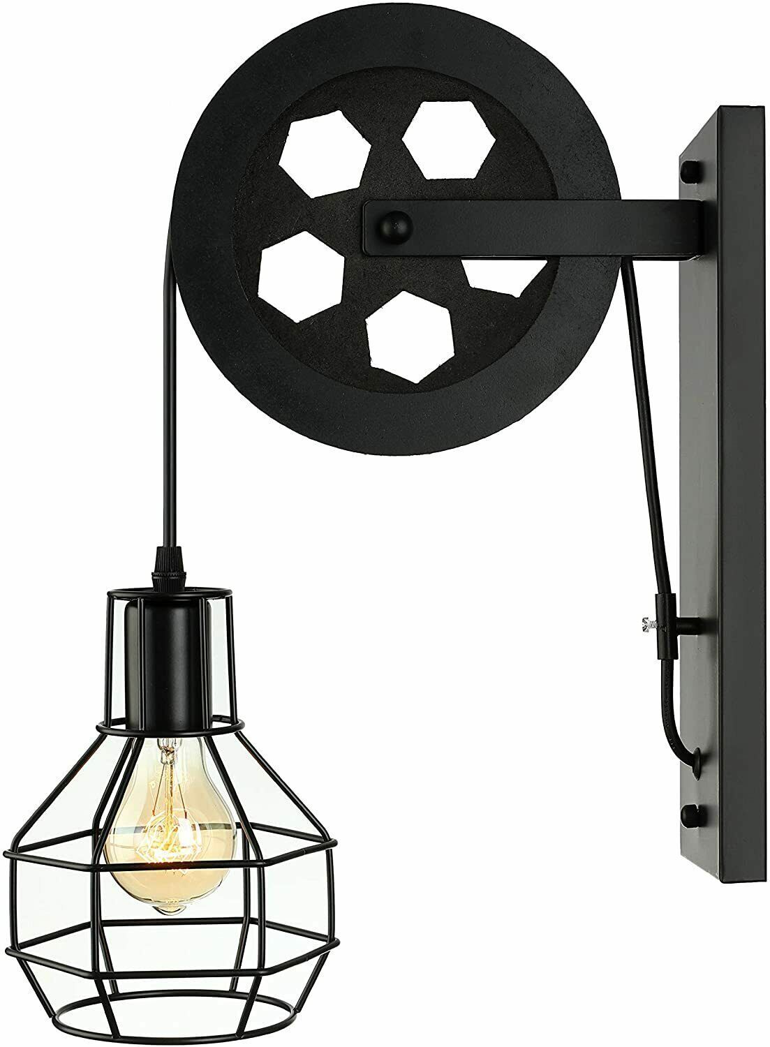 Pulley Wheel Wall Light with Cage – Black, Copper or Silver, E27 - Black, Nest Cage, ST64 LED Bulb 4W