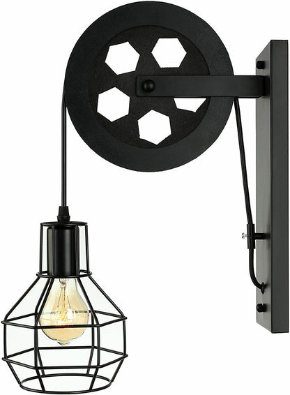 Pulley Wheel Wall Light with Cage – Black, Copper or Silver, E27 - Black, Nest Cage, ST64 LED Bulb 4W