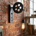 Pulley Wheel Wall Light with Cage – Black, Copper or Silver, E27 - Black, Round Cage Black, T130 LED Bulb 4W
