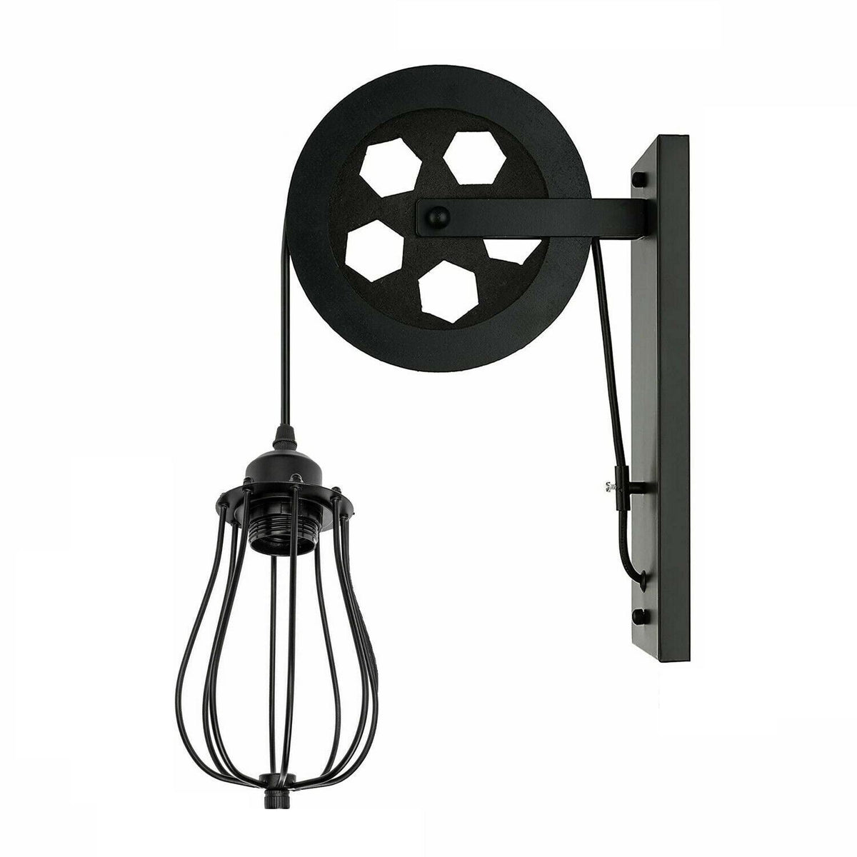 Pulley Wheel Wall Light with Cage – Black, Copper or Silver, E27 - Black, Round Cage Black, Without Bulb