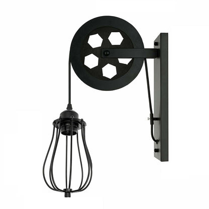 Pulley Wheel Wall Light with Cage – Black, Copper or Silver, E27 - Black, Round Cage Black, Without Bulb
