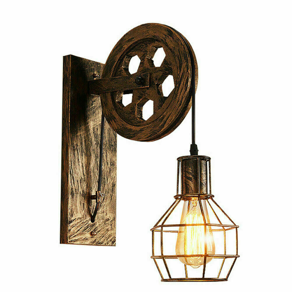 Pulley Wheel Wall Light with Cage – Black, Copper or Silver, E27 - Brushed Copper, Nest Cage, Without Bulb