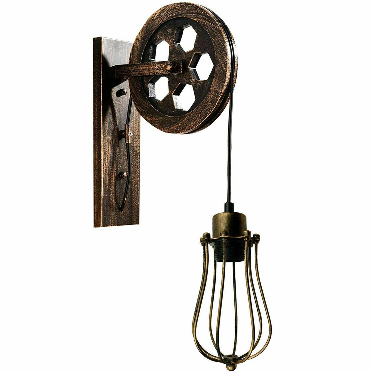 Pulley Wheel Wall Light with Cage – Black, Copper or Silver, E27 - Brushed Copper, Round Cage Brushed Copper, Without Bulb