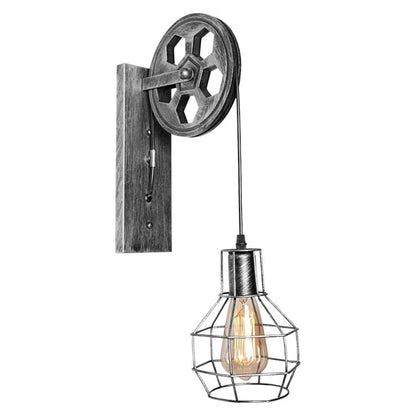 Pulley Wheel Wall Light with Cage – Black, Copper or Silver, E27 - Brushed Silver, Nest Cage, Without Bulb