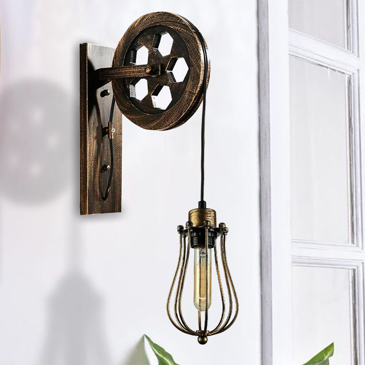 Pulley Wheel Wall Light with Cage – Black, Copper or Silver, E27 - photo 2