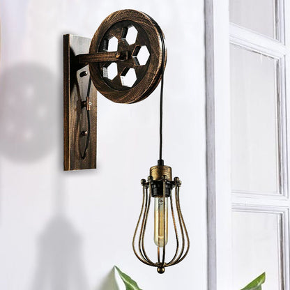 Pulley Wheel Wall Light with Cage – Black, Copper or Silver, E27 - photo 2