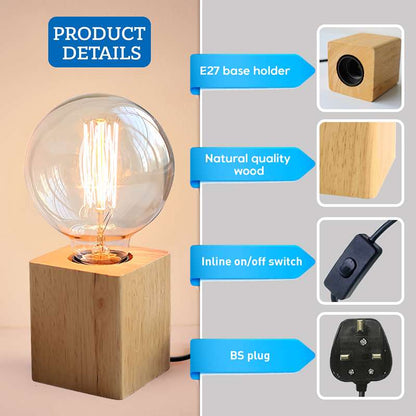 Nordic Wooden Table Lamp Base E27 – Diamond, Round & Square - photo 4