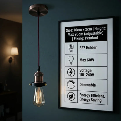Copper Pendant Light – Novelty LED Filament Bulb or Metal Shade, E27 - Copper, No Shade, with Shade Ring, Without Bulb