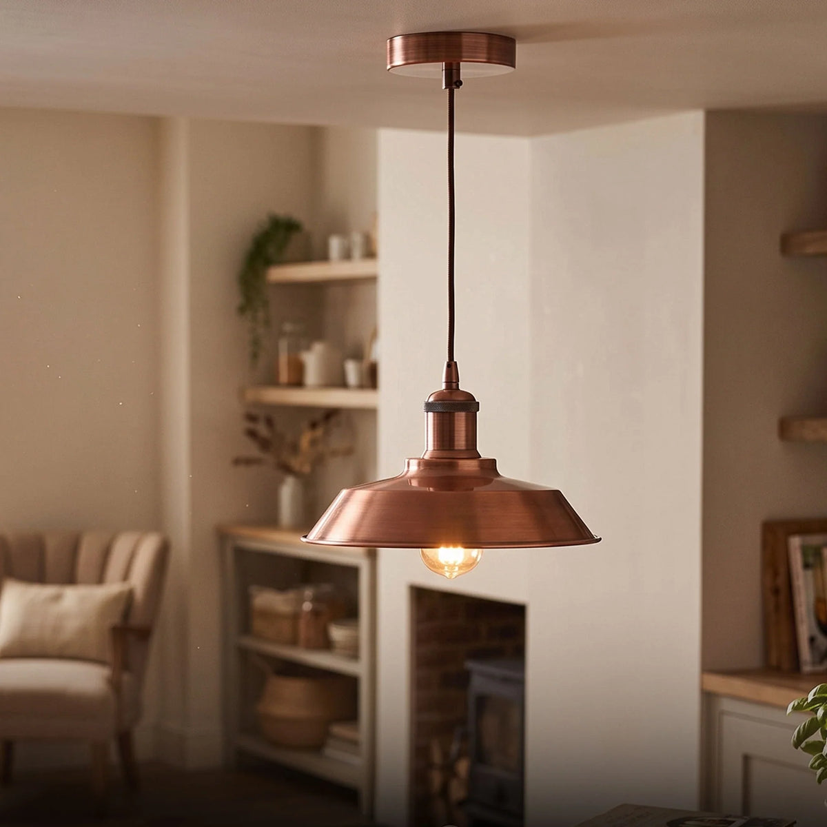 Copper Pendant Light – Novelty LED Filament Bulb or Metal Shade, E27 - Copper, Vintage Dome 22 cm Copper, Without Bulb