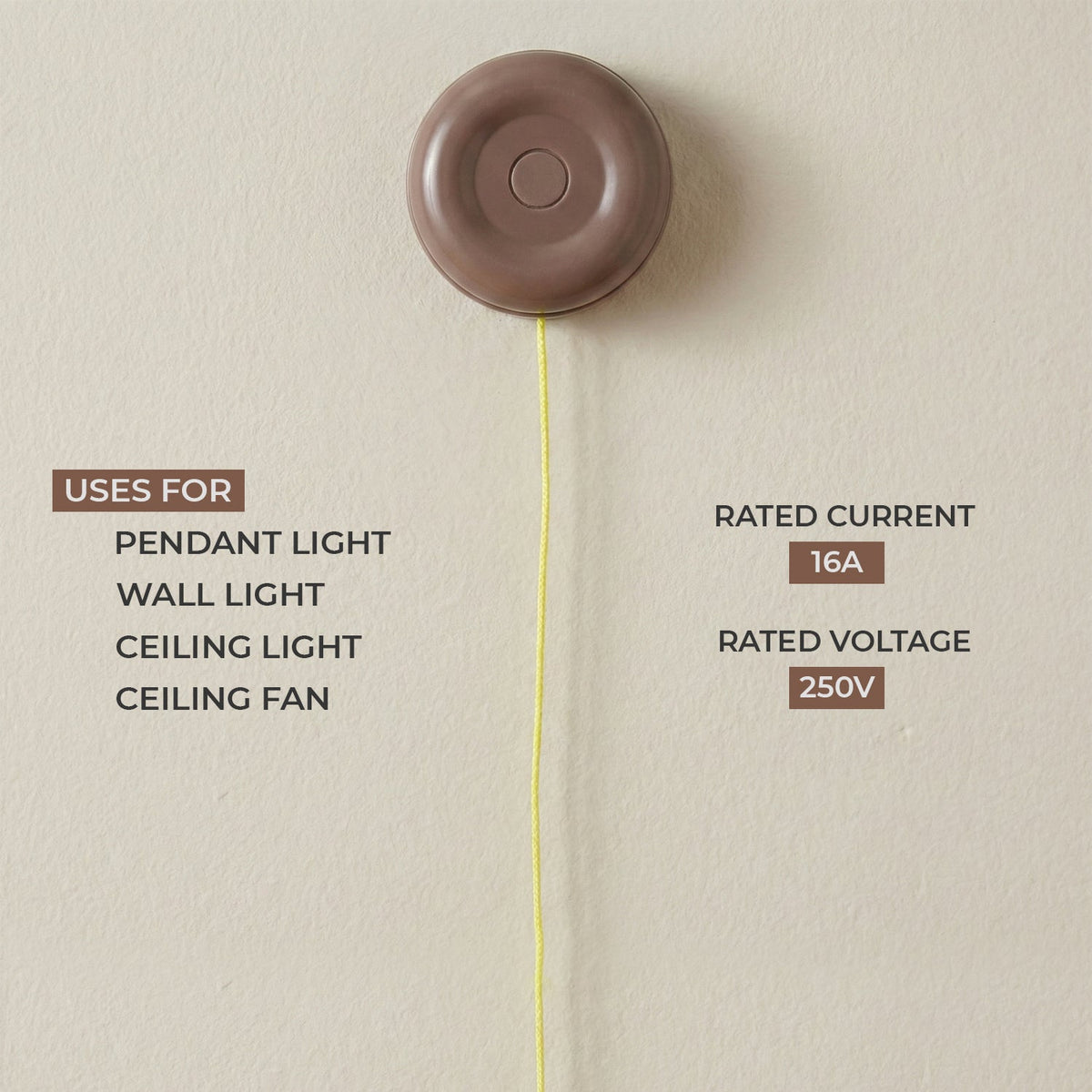 Pull Cord Light Switch 16A ON/OFF – Brown, 80 cm Cord - photo 5