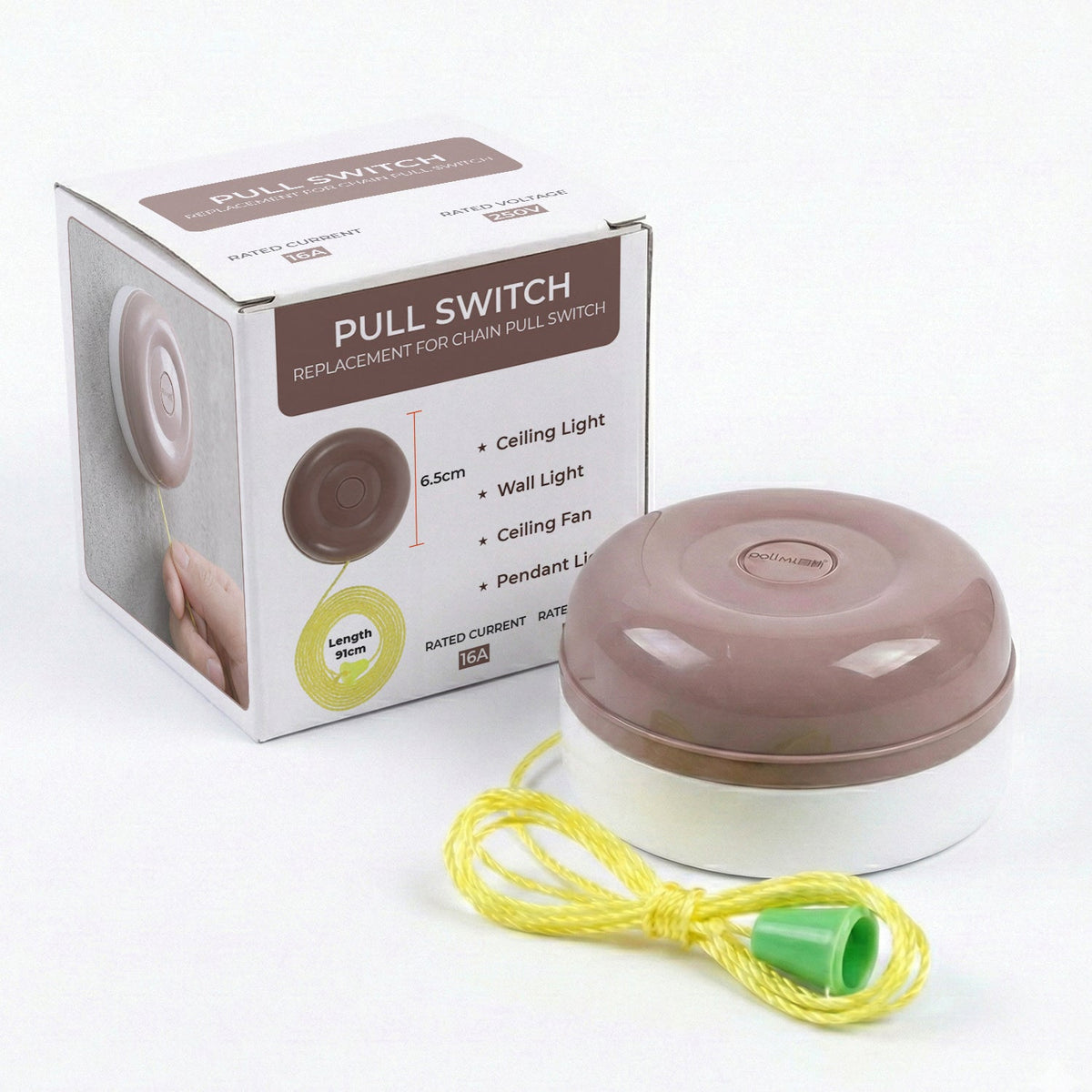 Pull Cord Light Switch 16A ON/OFF – Brown, 80 cm Cord