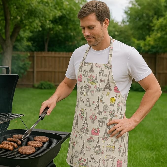Man grilling outdoors wearing a patterned apron