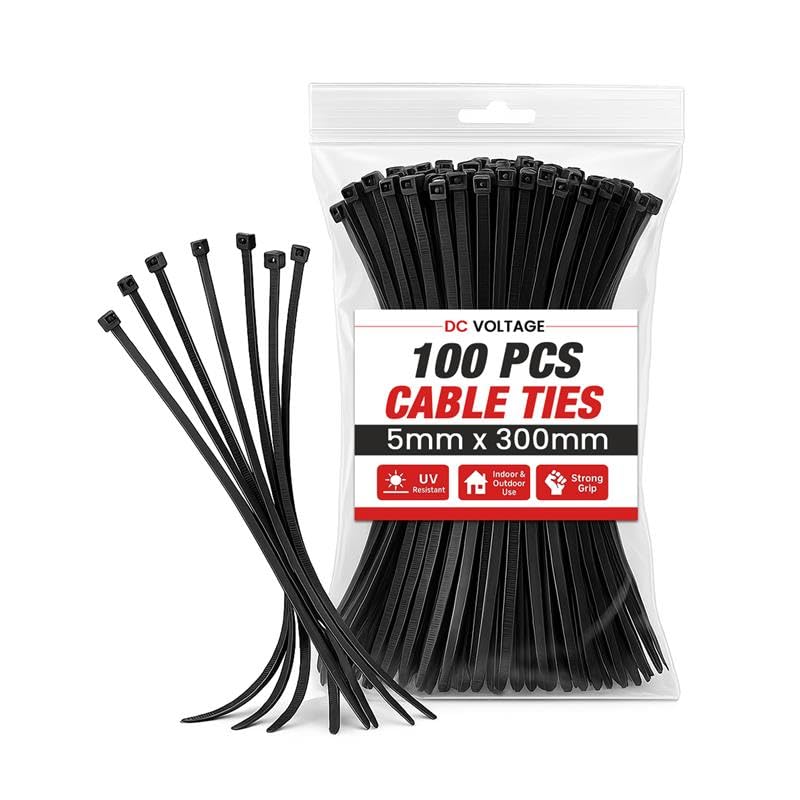 Black Nylon Cable Ties, Pack of 100 – 7 Sizes, 150 to 700 mm - 5 x 300 mm, 100 Ties