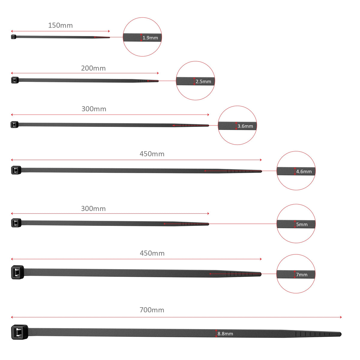 Black Nylon Cable Ties, Pack of 100 – 7 Sizes, 150 to 700 mm - photo 8