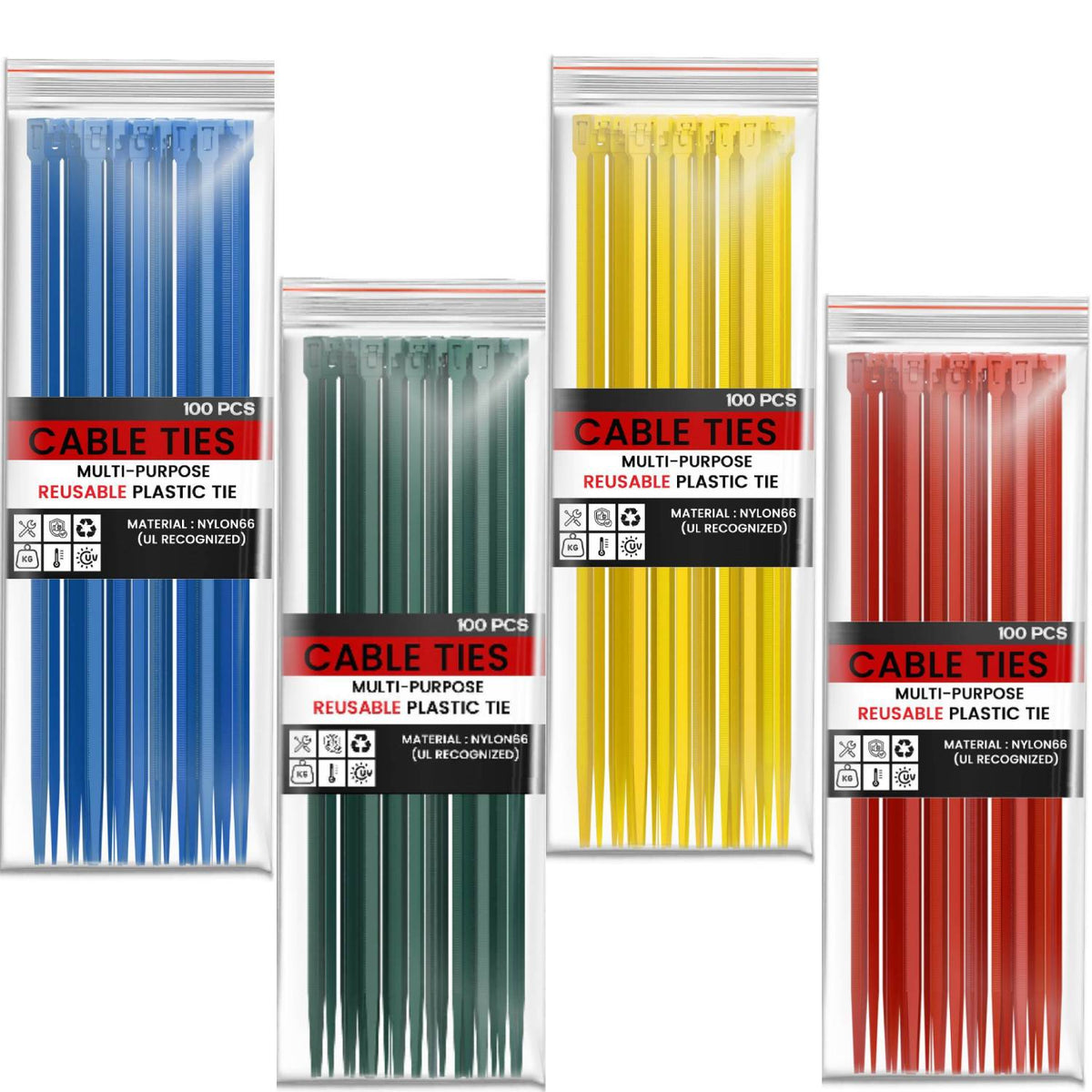 Releasable Cable Ties, Pack of 100 – 4 Colours, 3.6 or 7.2 mm Wide