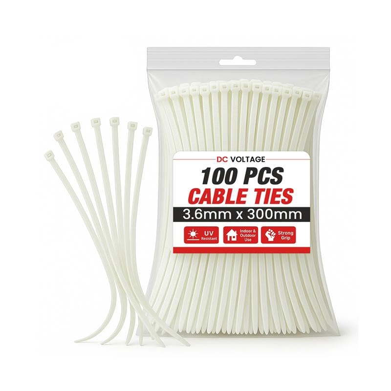White Nylon Cable Ties, Pack of 100 – 8 Sizes, 150 to 1200 mm - 3.6 x 300 mm, 100 Ties