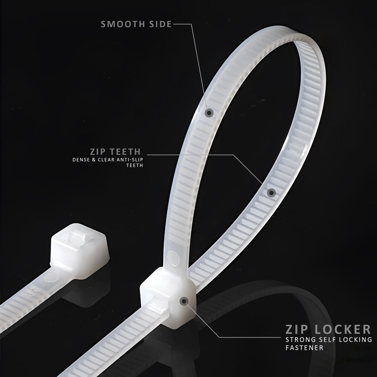 White Nylon Cable Ties, Pack of 100 – 8 Sizes, 150 to 1200 mm - photo 2