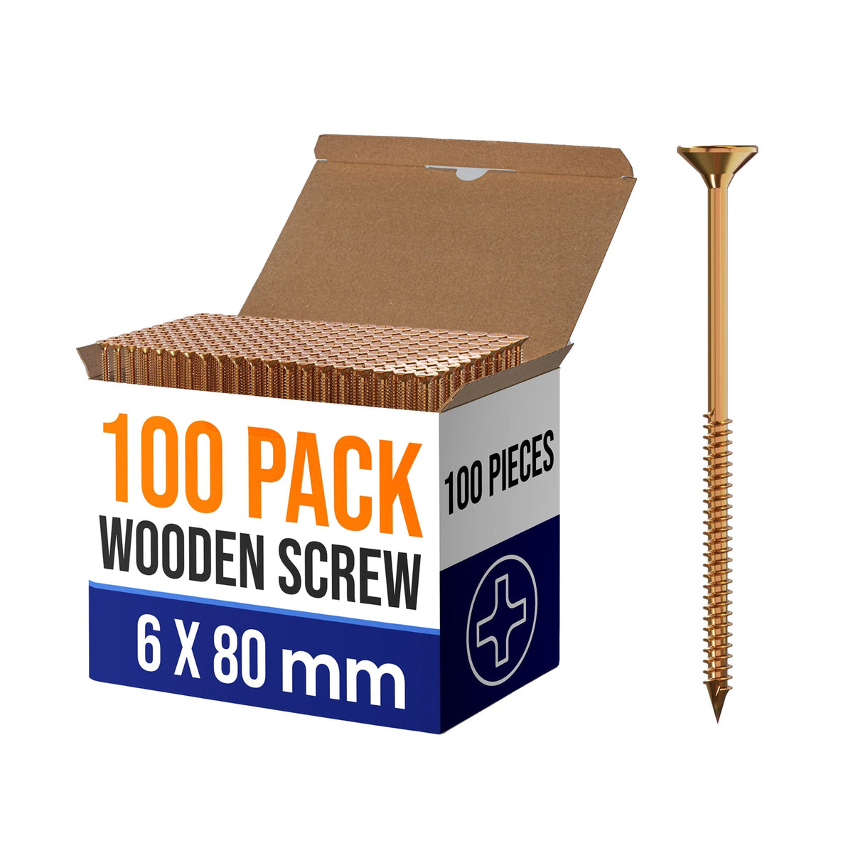 Yellow Wood Screws, Pack of 100 – 5 x 120, 6 x 80, 6 x 100 or 6 x 120 mm - 6 x 80 mm, 100 Screws