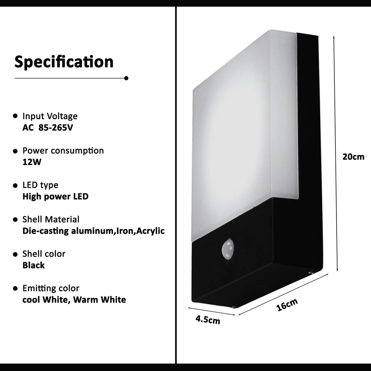 LED Wall Light with PIR Motion Sensor 12W IP54 – Black - photo 2
