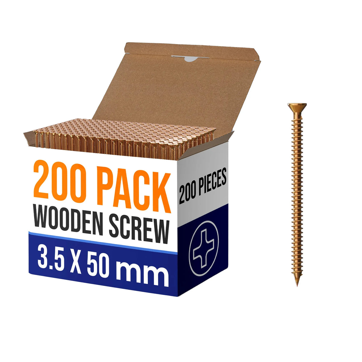 Yellow Wood Screws, Pack of 200 – 3.5 to 5 mm, 50 to 100 mm Long - 3.5 x 50 mm