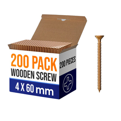Yellow Wood Screws, Pack of 200 – 3.5 to 5 mm, 50 to 100 mm Long - 4 x 60 mm