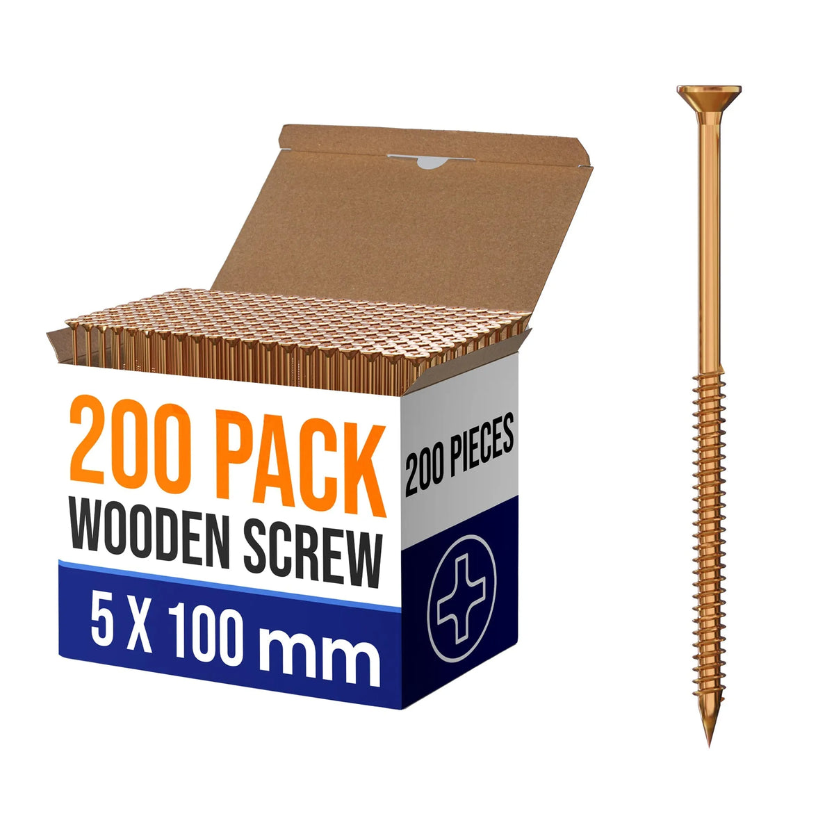 Yellow Wood Screws, Pack of 200 – 3.5 to 5 mm, 50 to 100 mm Long - 5 x 100 mm