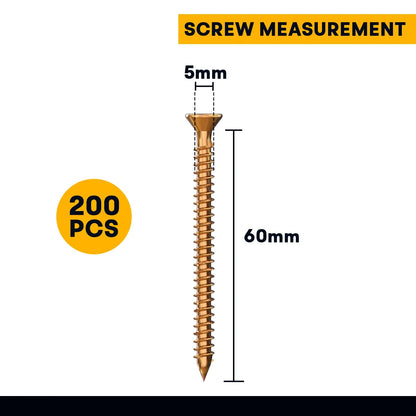 Yellow Wood Screws, Pack of 200 – 3.5 to 5 mm, 50 to 100 mm Long - 5 x 60 mm