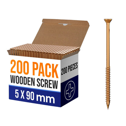 Yellow Wood Screws, Pack of 200 – 3.5 to 5 mm, 50 to 100 mm Long - 5 x 90 mm