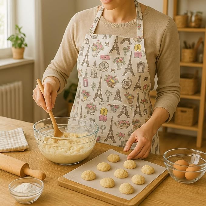 Person in a kitchen wearing a patterned apron, preparing food with various utensils on a wooden table.
