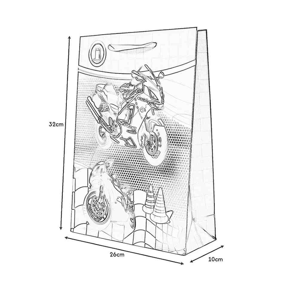 Illustration of a clear plastic bag with motorcycle models inside, showing dimensions.