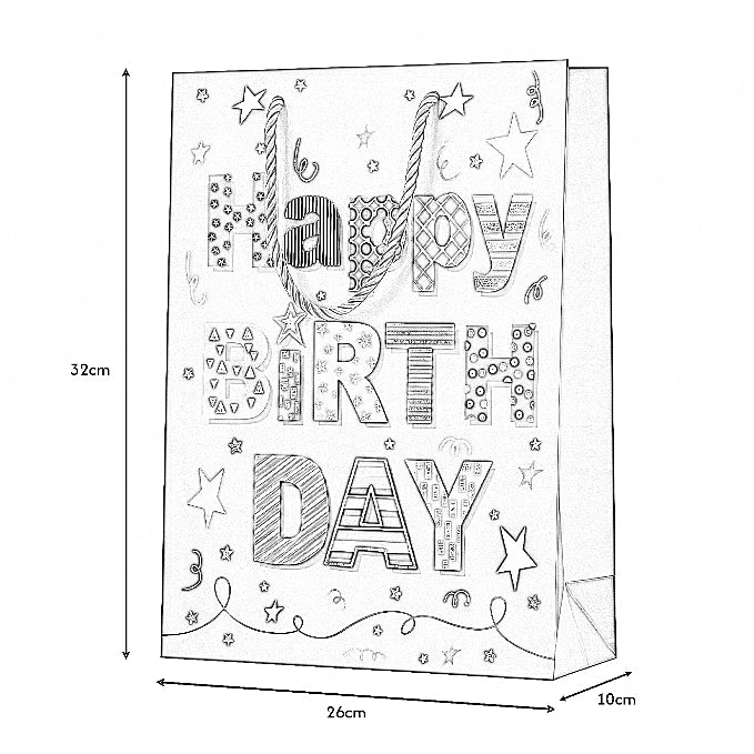 Illustration of a gift bag with 'Happy Birthday' text and dimensions.
