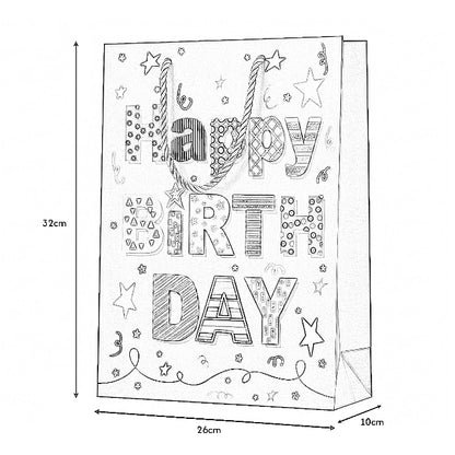 Illustration of a gift bag with 'Happy Birthday' text and dimensions.