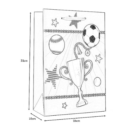 Illustration of a trophy with sports-themed decorations and measurements on a white background