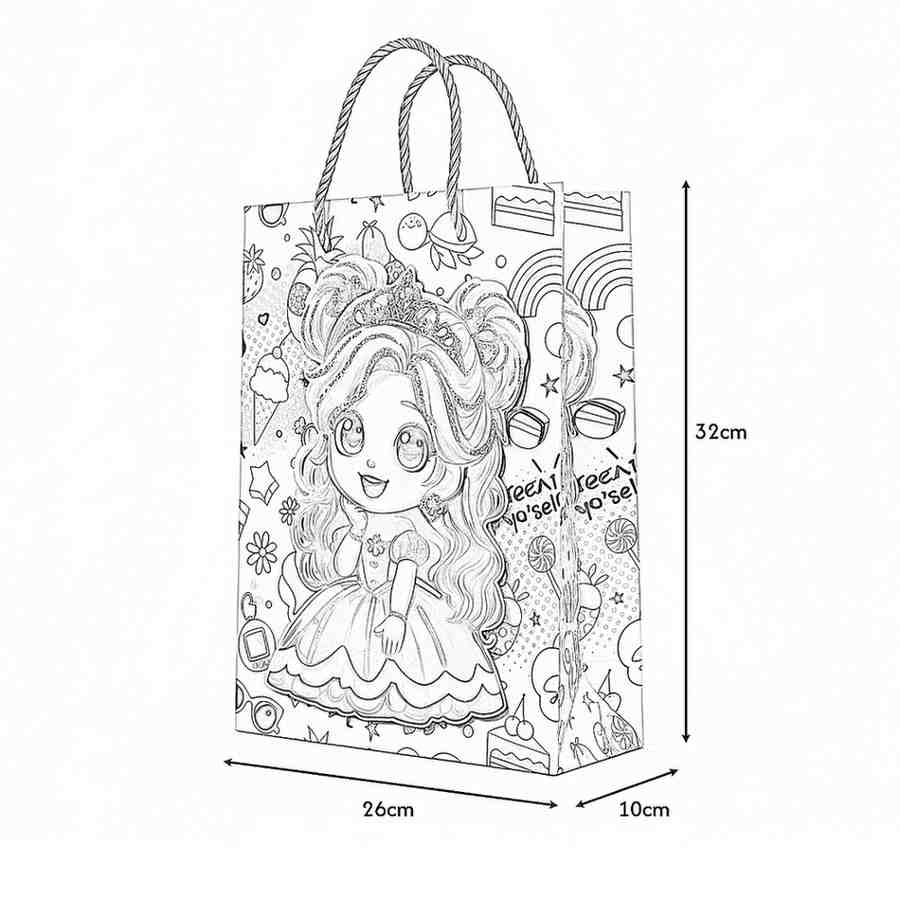 Illustration of a decorative gift bag with cartoon character and measurements on a white background