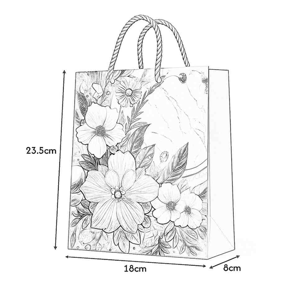 Floral-patterned gift bag with measurements on a white background