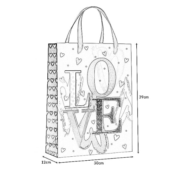 Illustration of a gift bag with 'LOVE' text and heart patterns, including dimensions.