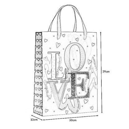 Illustration of a gift bag with 'LOVE' text and heart patterns, including dimensions.