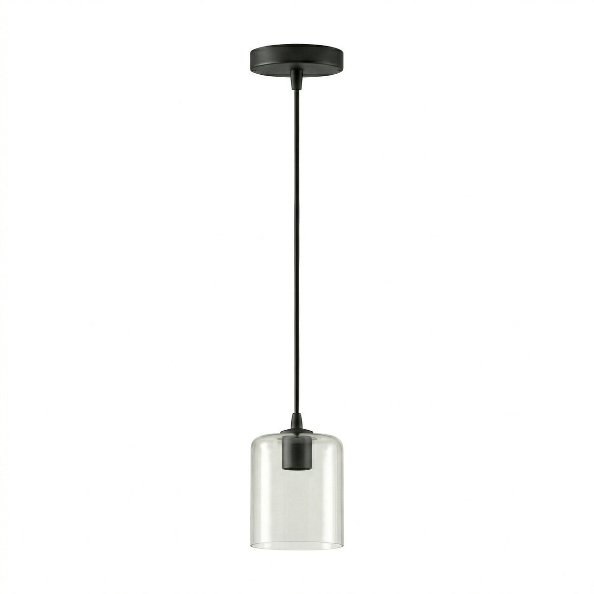 Black E27 Pendant Cable Set – Holder Only or with Clear Glass Shade - Black, Clear Glass Cylinder, with Ceiling Rose, Without Bulb