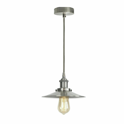 Chrome or White Pendant Light Set – 1 m Cable, Optional Shade - Chrome, Wide Flat Shade Satin Nickel, Without Bulb