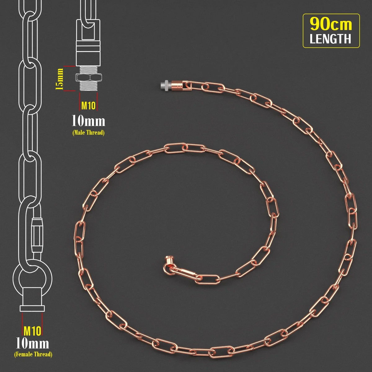 Pendant Light Chain 90 cm with M10 Ends – 7 Finishes - Single, 900 mm, Rose Gold