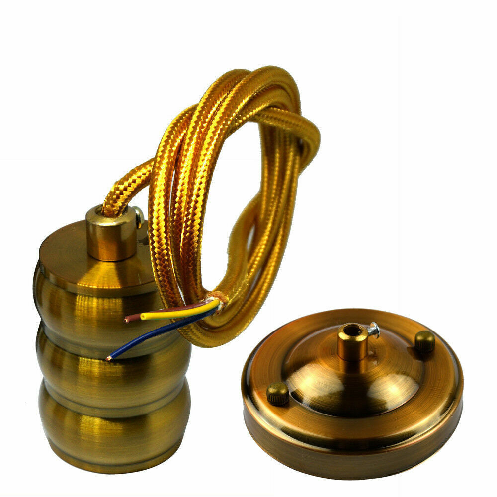Brass Pendant Lamp Holder Set – Ribbed E27, Gold Braided Cable - photo 3