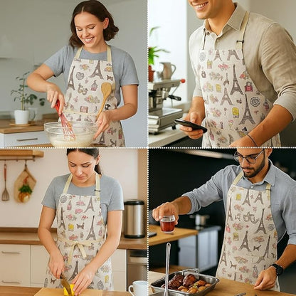 Collage of people wearing aprons with a pattern in a kitchen setting.
