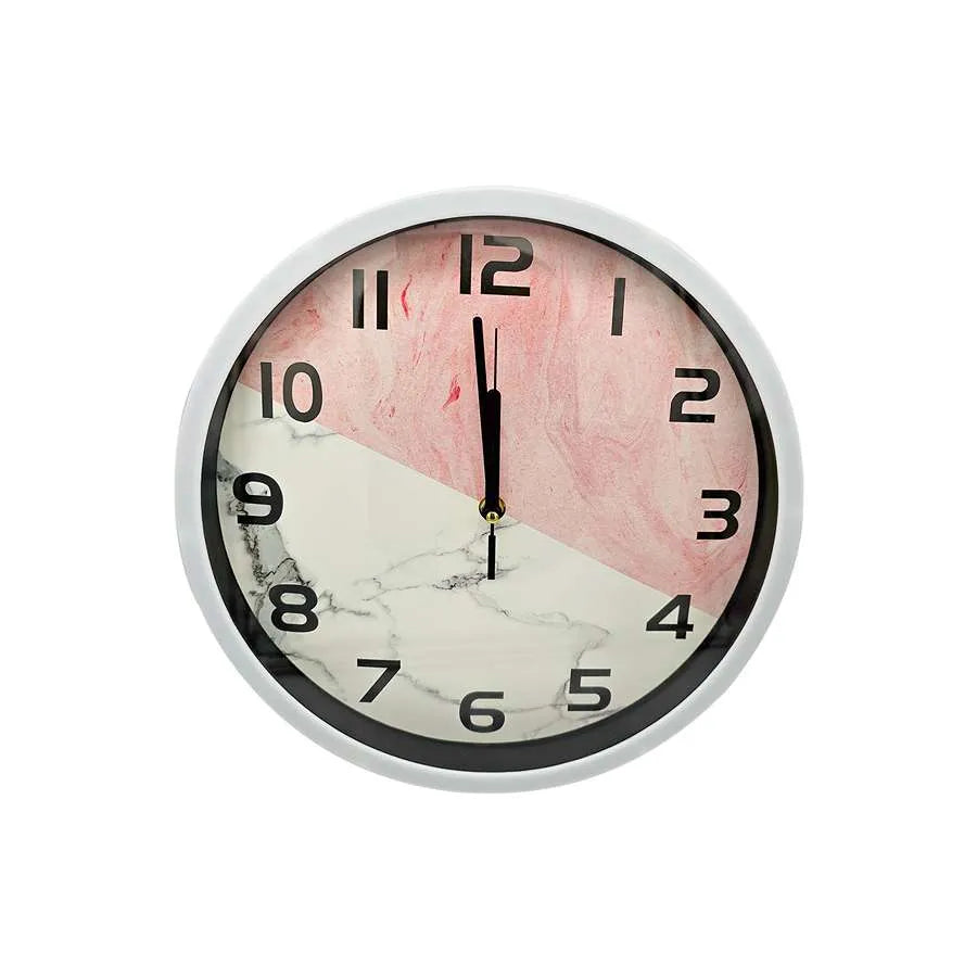 Pink Marble Round Wall Clock – 30 cm, Silver-Tone Frame