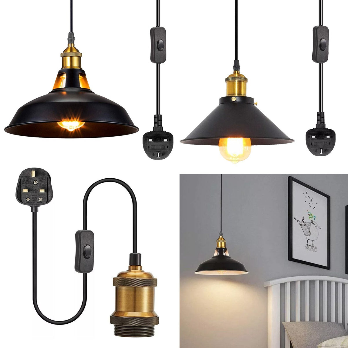 Plug-In Pendant Light – 4 m Black Flex, Switch, Barn, Cone or Cage - photo 10