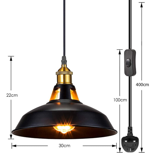 Plug-In Pendant Light – 4 m Black Flex, Switch, Barn, Cone or Cage